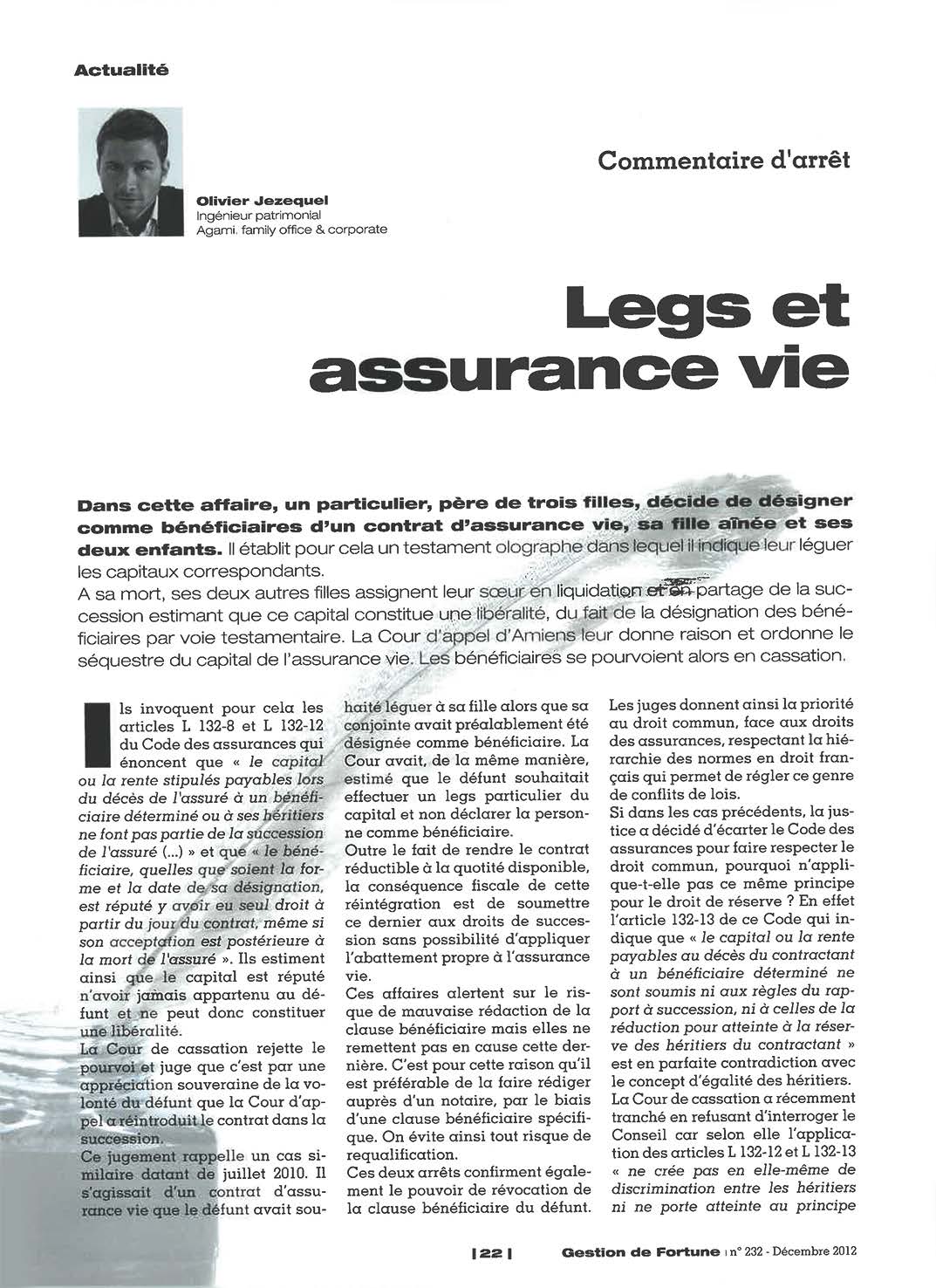 AGAMI - Gestion de fortune - Legs et assurance-vie